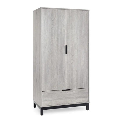 A grey wooden armoire featuring sleek black legs, showcasing a modern and elegant design for any interior space.