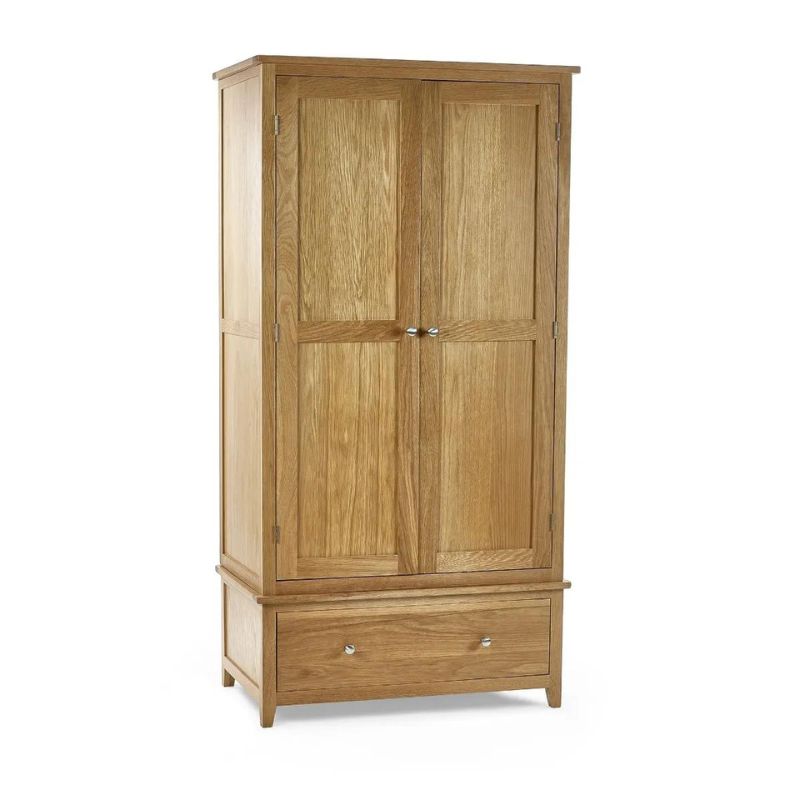 A wooden wardrobe featuring two drawers and a single door, showcasing a classic and functional design.