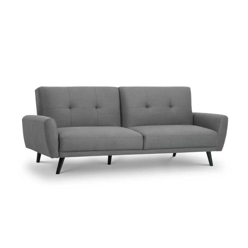 A modern grey sofa featuring sleek black legs and arms, showcasing a stylish and contemporary design for any living space.