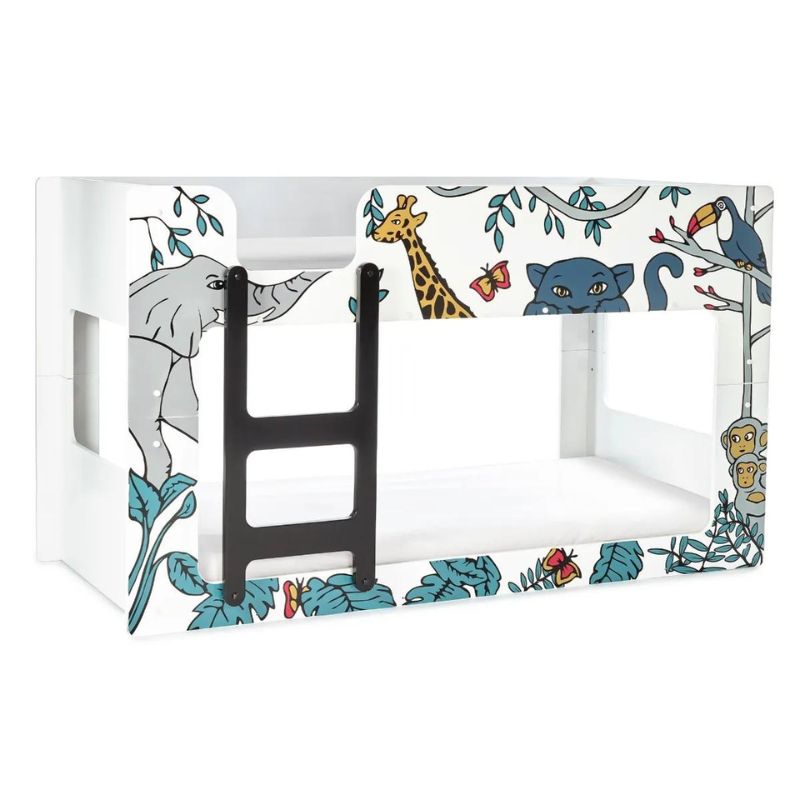 A white bunk bed featuring a vibrant jungle theme, adorned with leafy patterns and playful animal motifs.