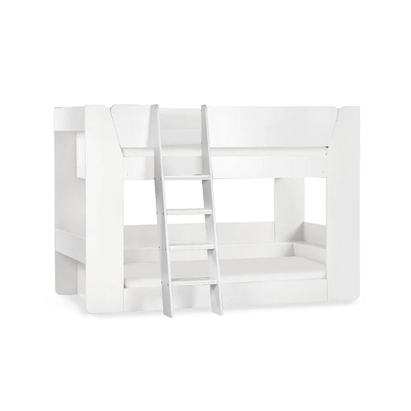 A white bunk bed with a functional ladder, providing access to the upper sleeping area while maximizing room space.