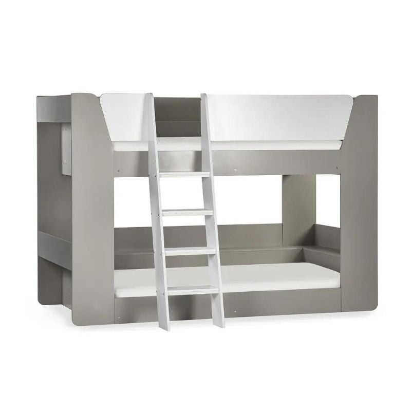 A modern bunk bed with a secure ladder, ideal for maximizing space in a bedroom while offering a cozy sleeping arrangement.