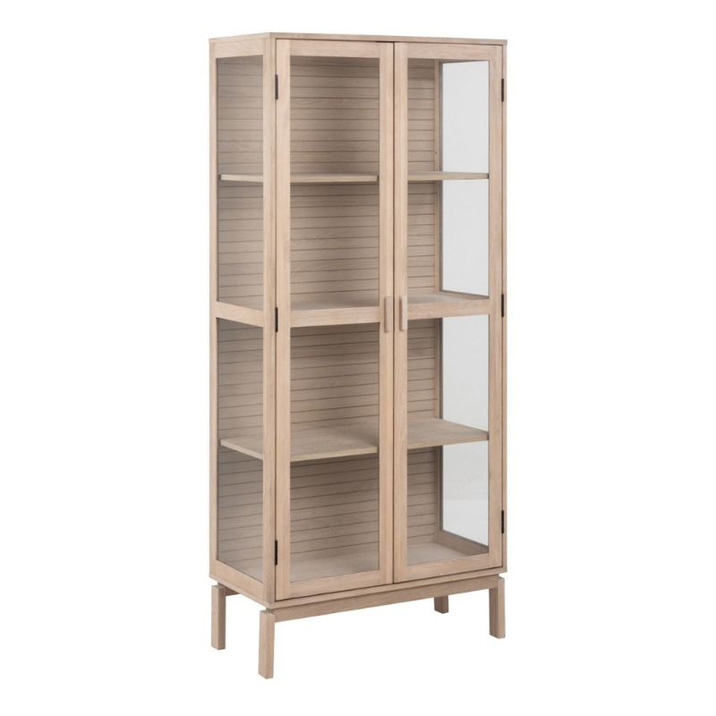 A wooden display cabinet featuring elegant glass doors, showcasing its interior contents with a refined aesthetic.