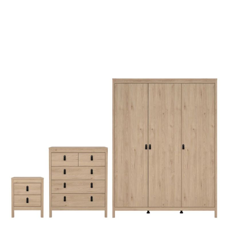 A stylish bedroom set featuring a dresser, chest of drawers, and a wardrobe, designed for optimal storage and elegance.