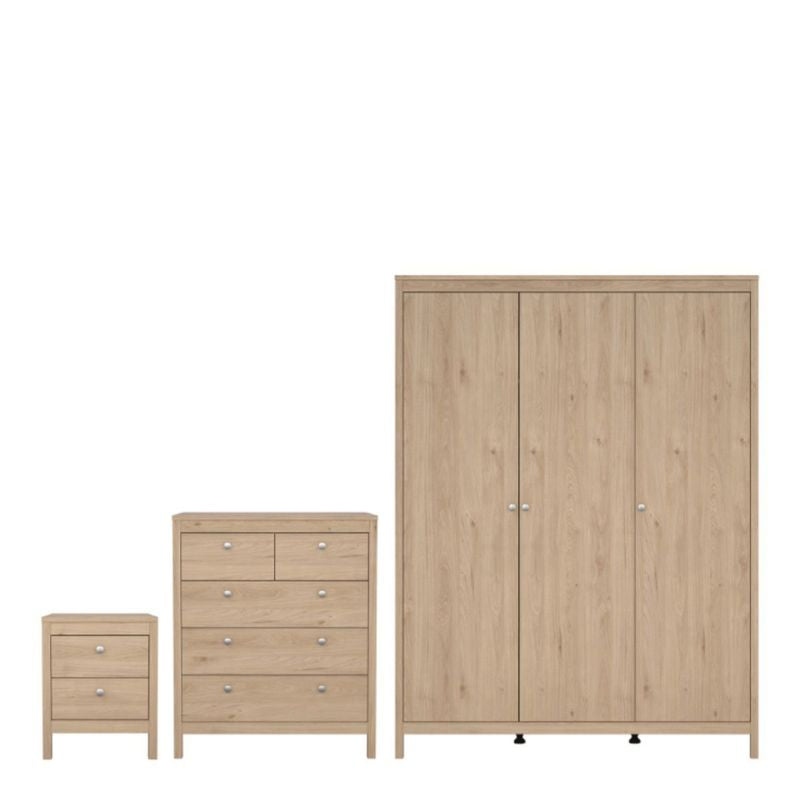 Furniture To Go Madrid Package - Bedside Table 2 Drawers + Chest 5 Drawer + 3 Door Wardrobe in Jackson Hickory Oak