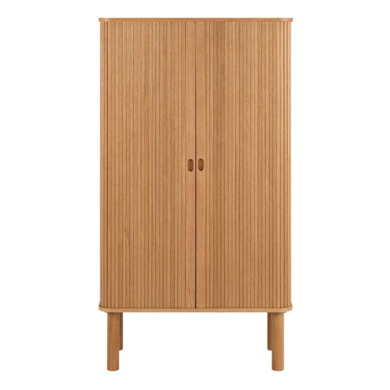 A wooden cabinet featuring two doors and a smooth wooden top, showcasing a natural finish and elegant design.