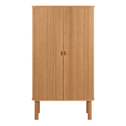 A wooden cabinet featuring two doors and a smooth wooden top, showcasing a natural finish and elegant design.