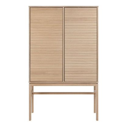 A wooden cabinet featuring two doors and a smooth wooden top, showcasing a natural finish and elegant design.