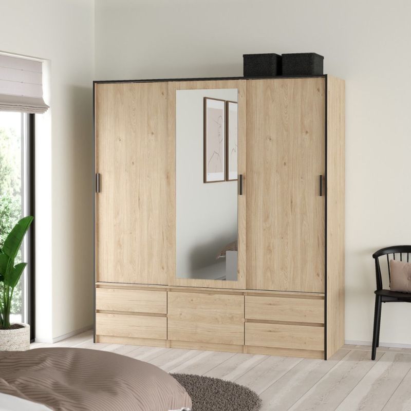 Furniture To Go Line Wardrobe with 2 Sliding Doors 1 Sliding Door with Mirror in Jackson Hickory Oak