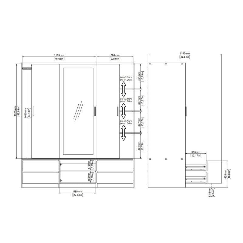 Furniture To Go Line Wardrobe with 2 Sliding Doors 1 Sliding Door with Mirror in Jackson Hickory Oak