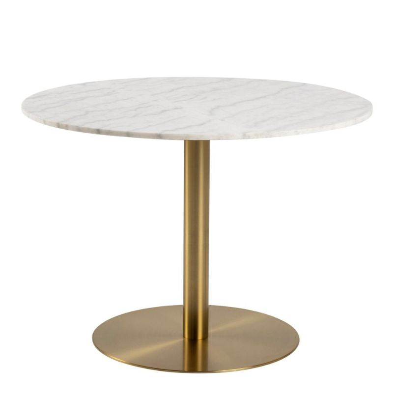 A round marble table featuring an elegant gold base, showcasing a sophisticated design suitable for any decor.