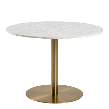 A round marble table featuring an elegant gold base, showcasing a sophisticated design suitable for any decor.