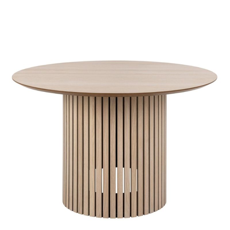 A round wooden table featuring a smooth top and slatted wooden design, showcasing natural textures and craftsmanship.