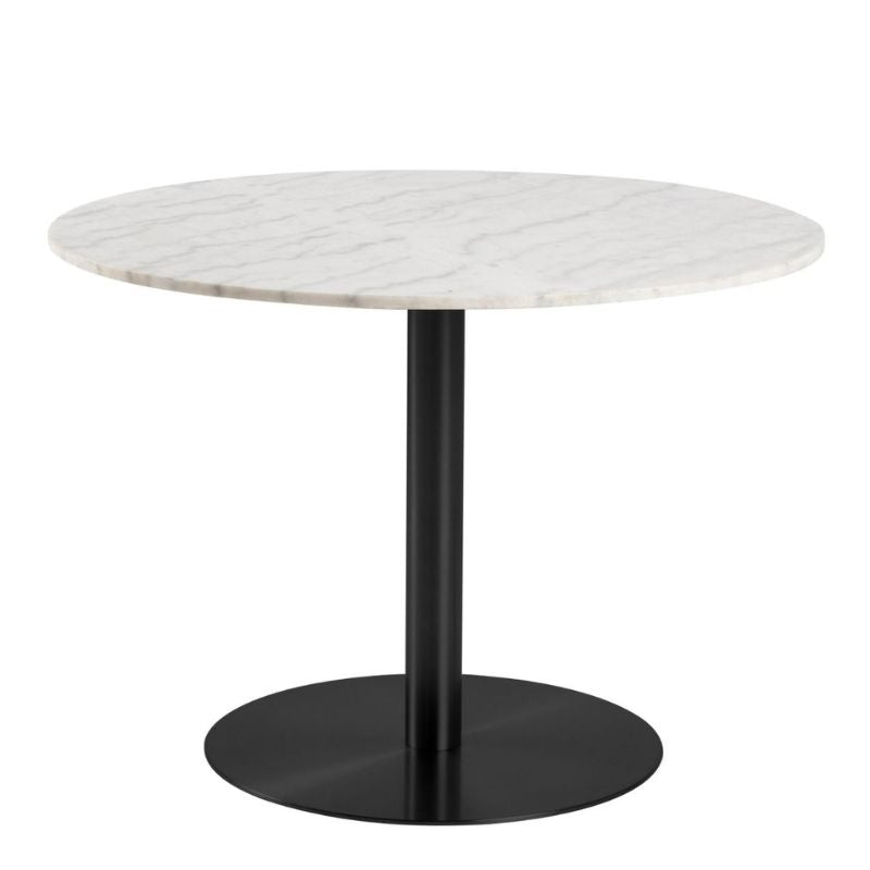 A white marble table elegantly supported by a sleek black base, showcasing a modern and sophisticated design.