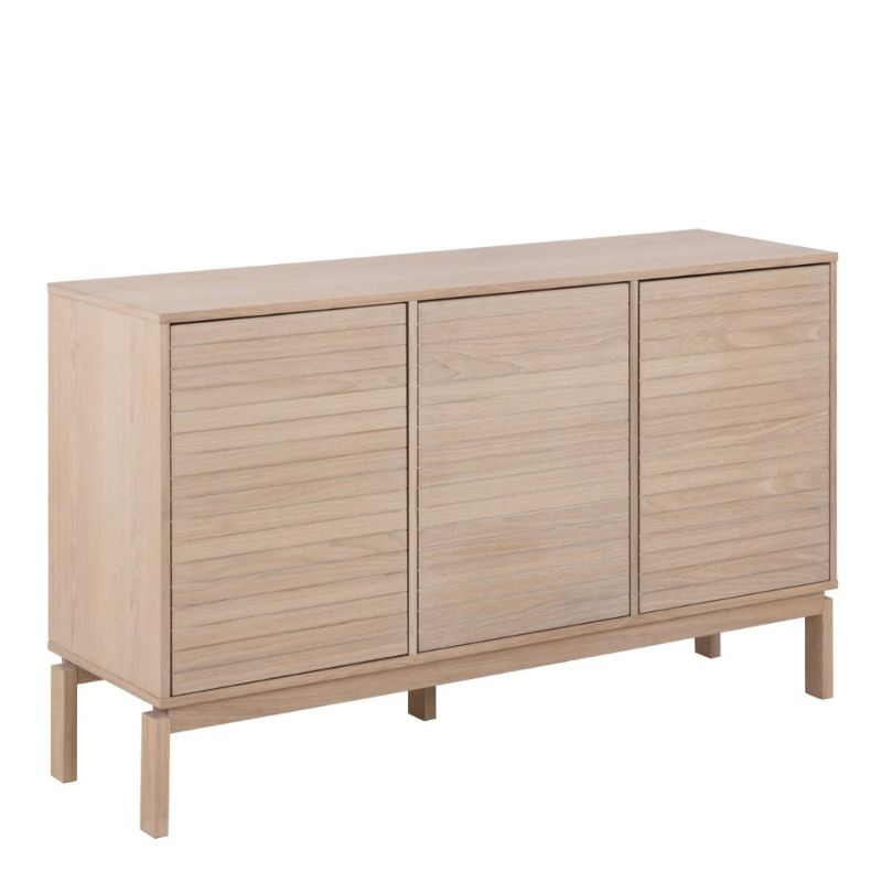 A wooden sideboard featuring three doors, showcasing a classic design suitable for various interior styles.