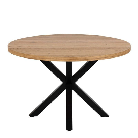 A round wooden table featuring sleek black metal legs, showcasing a modern and stylish design suitable for any space.