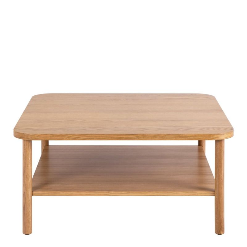 A square wooden table featuring a shelf positioned above its surface, showcasing a simple and functional design.