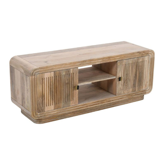 A wooden TV stand featuring two doors, providing a stylish and functional storage solution for media equipment.