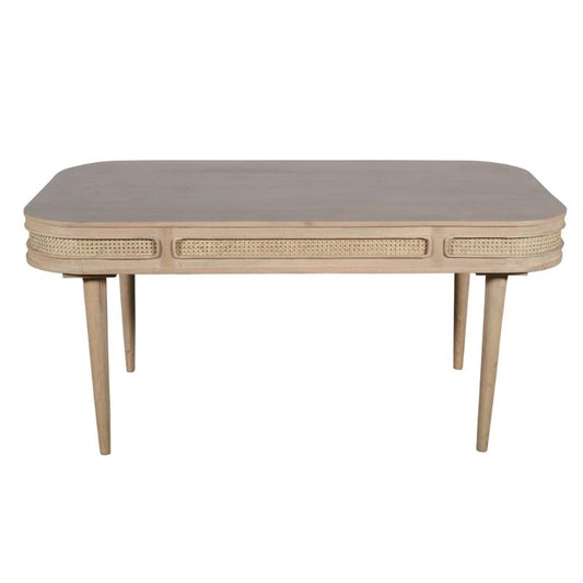 A wooden dining table featuring a rectangular top, elegantly designed for a sophisticated dining experience.