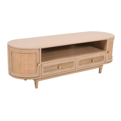 A wooden TV stand featuring wicker drawers, combining natural materials for a stylish and functional design.