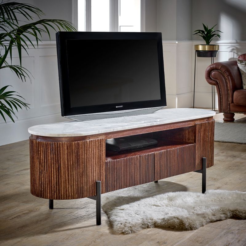 A sleek modern TV stand featuring a stylish marble top, enhancing contemporary living room aesthetics.