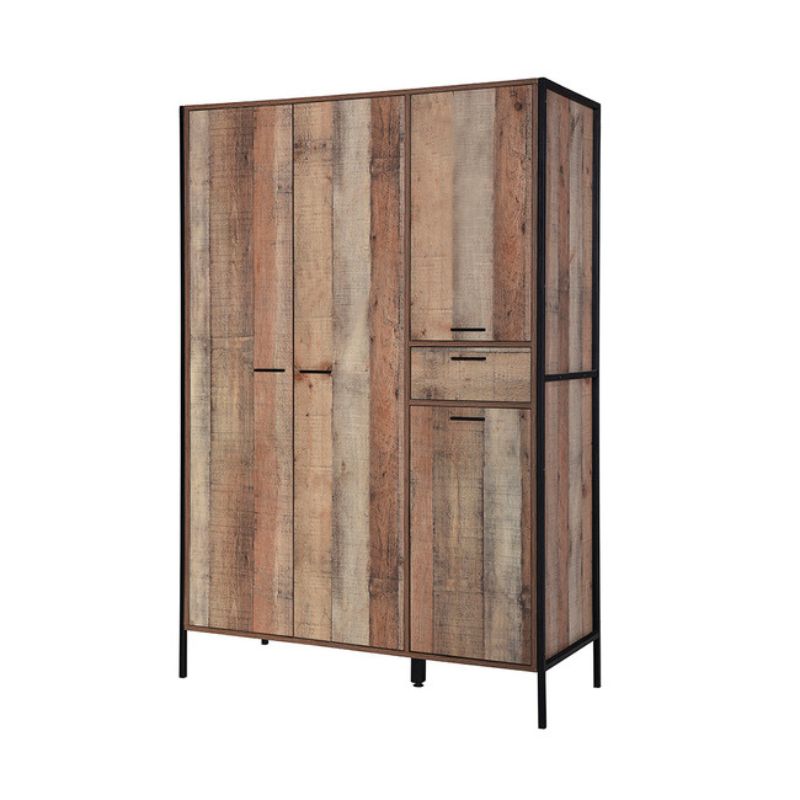 A wooden armoire featuring two doors and a sturdy metal frame, showcasing a blend of elegance and durability.