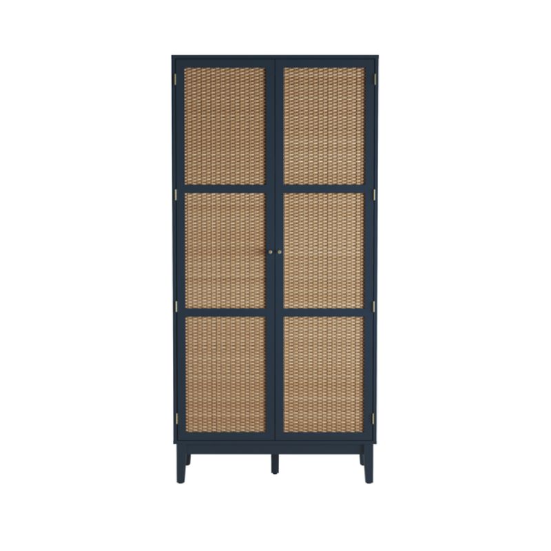 A stylish black and brown cabinet featuring elegant wicker doors, adding a touch of sophistication to any space.