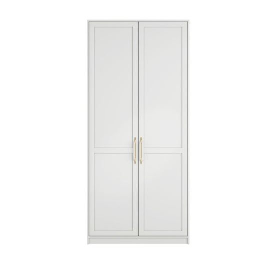 A white wardrobe featuring two doors and a gold handle, elegantly designed for modern interiors.