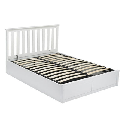 A white bed frame featuring wooden slats, elegantly designed for a modern bedroom aesthetic.