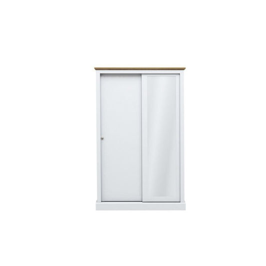 A white wardrobe featuring two doors and a mirror, elegantly designed for functional storage and style.