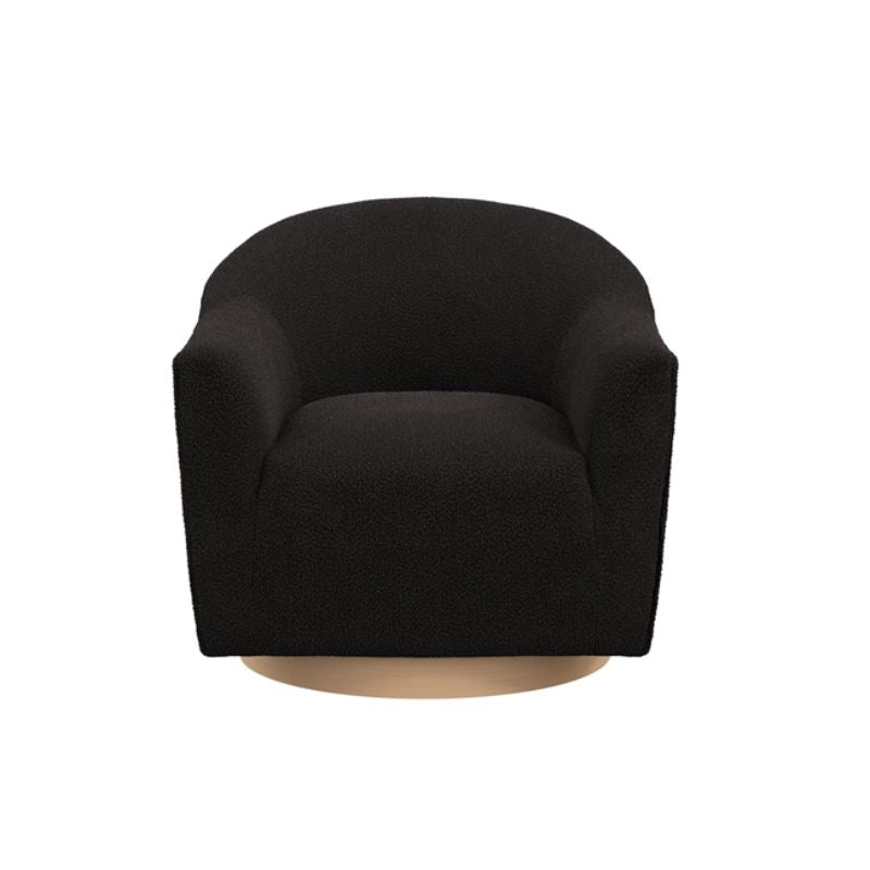 A sleek black chair featuring elegant gold legs and a textured black fabric upholstery.