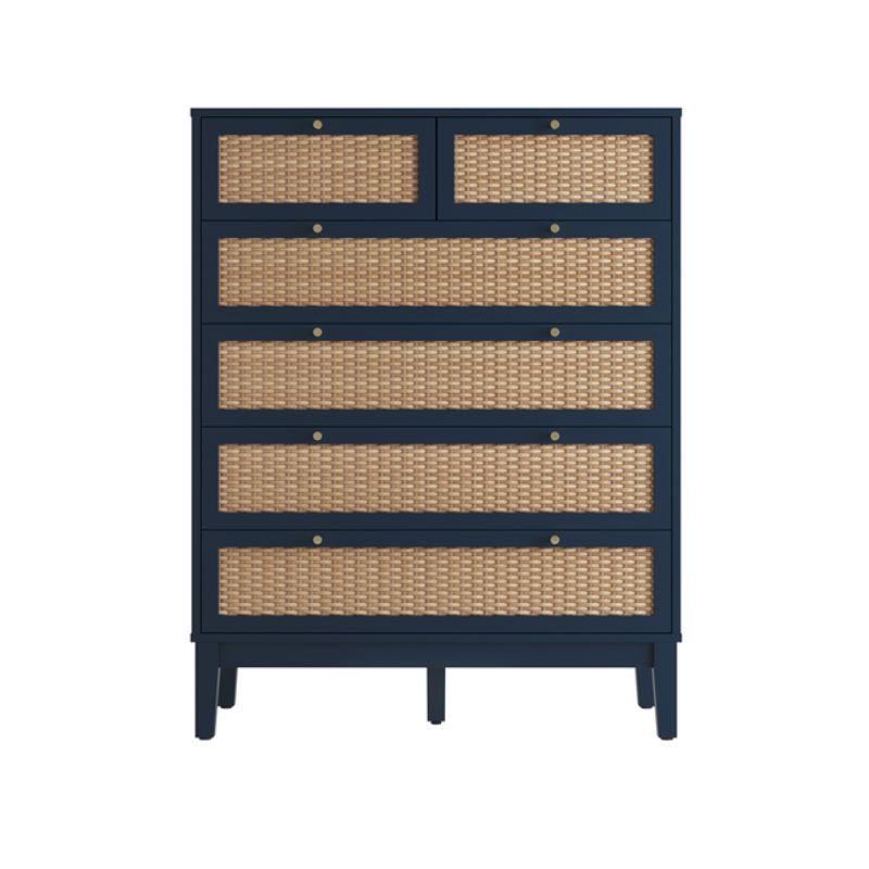 A tall chest of drawers crafted from dark blue wood, featuring wicker drawers for a stylish and functional storage solution.