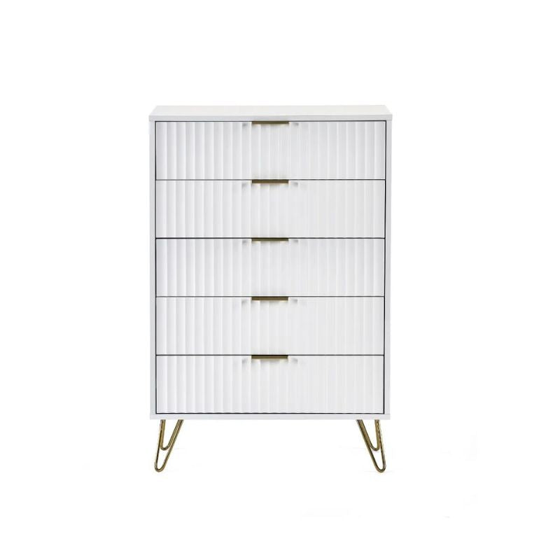 A white chest featuring four drawers, elegantly designed for storage and organization in any room.