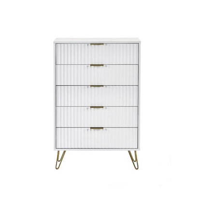 A white chest featuring four drawers, elegantly designed for storage and organization in any room.