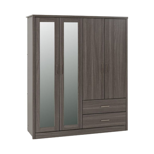 A black wood wardrobe featuring two doors and two drawers, elegantly designed for functional storage in any room.