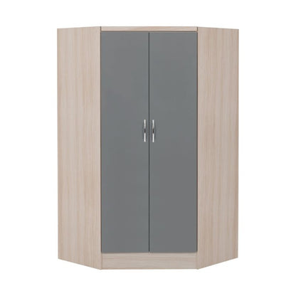 A wooden wardrobe featuring two doors, one of which is grey, showcasing a blend of natural and modern design elements.