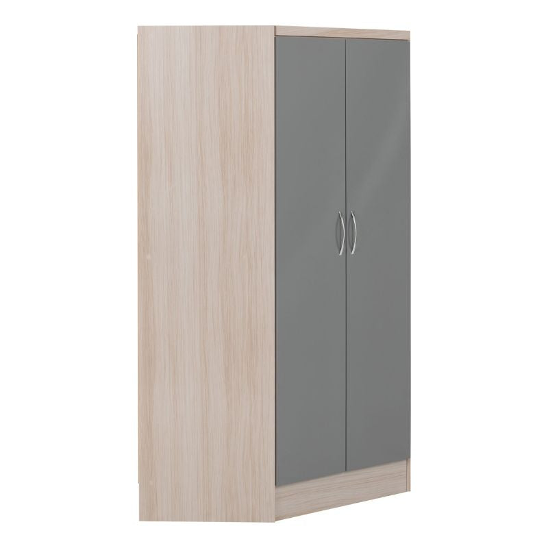 Seconique Nevada 2 Door Corner Wardrobe Grey Gloss/Light Oak Effect Veneer