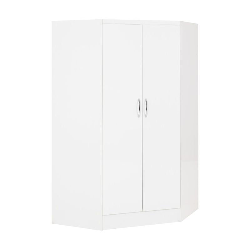 A white cabinet featuring two doors, set against a clean white background, emphasizing its minimalist design.