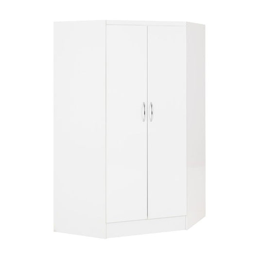 A white cabinet featuring two doors, set against a clean white background, emphasizing its minimalist design.