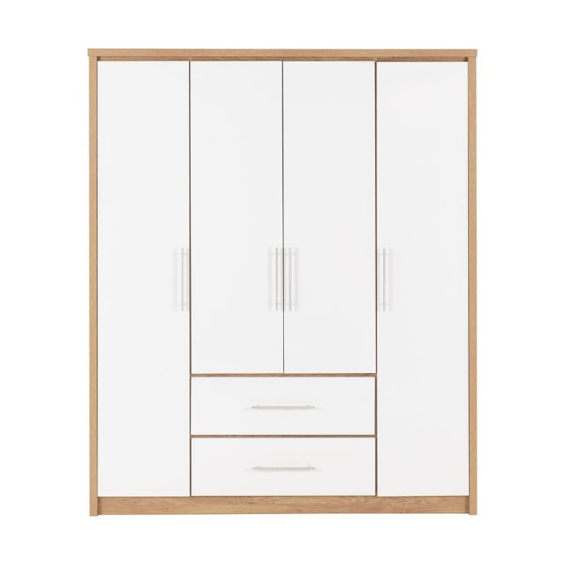 A white and wooden wardrobe featuring multiple drawers, showcasing a blend of modern and classic design elements.