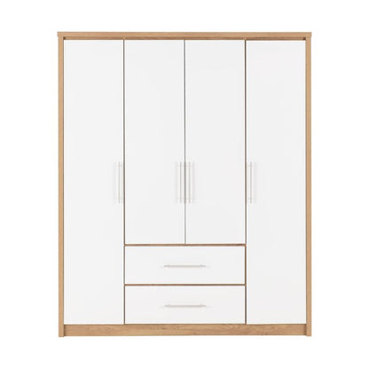 A white and wooden wardrobe featuring multiple drawers, showcasing a blend of modern and classic design elements.