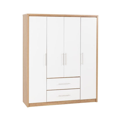 Seconique Seville 4 Door 2 Drawer Wardrobe White High Gloss/Light Oak Effect Veneer