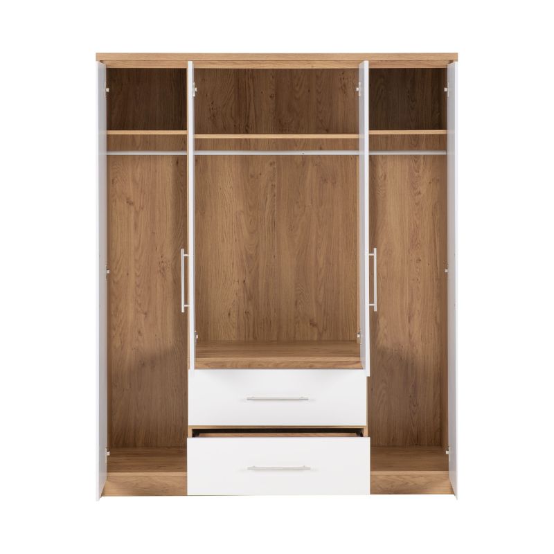 Seconique Seville 4 Door 2 Drawer Wardrobe White High Gloss/Light Oak Effect Veneer