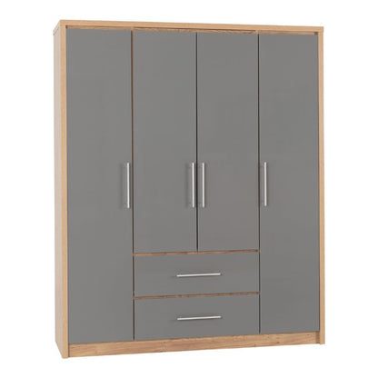 A grey and wood wardrobe featuring two doors, showcasing a modern and stylish design suitable for any bedroom.