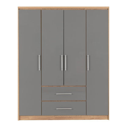 Seconique Seville 4 Door 2 Drawer Wardrobe Grey High Gloss/Light Oak Effect Veneer