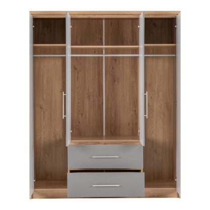 Seconique Seville 4 Door 2 Drawer Wardrobe Grey High Gloss/Light Oak Effect Veneer