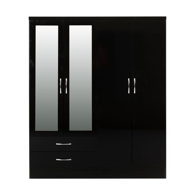 A black wardrobe featuring two mirrored doors, elegantly designed for stylish storage and organization.