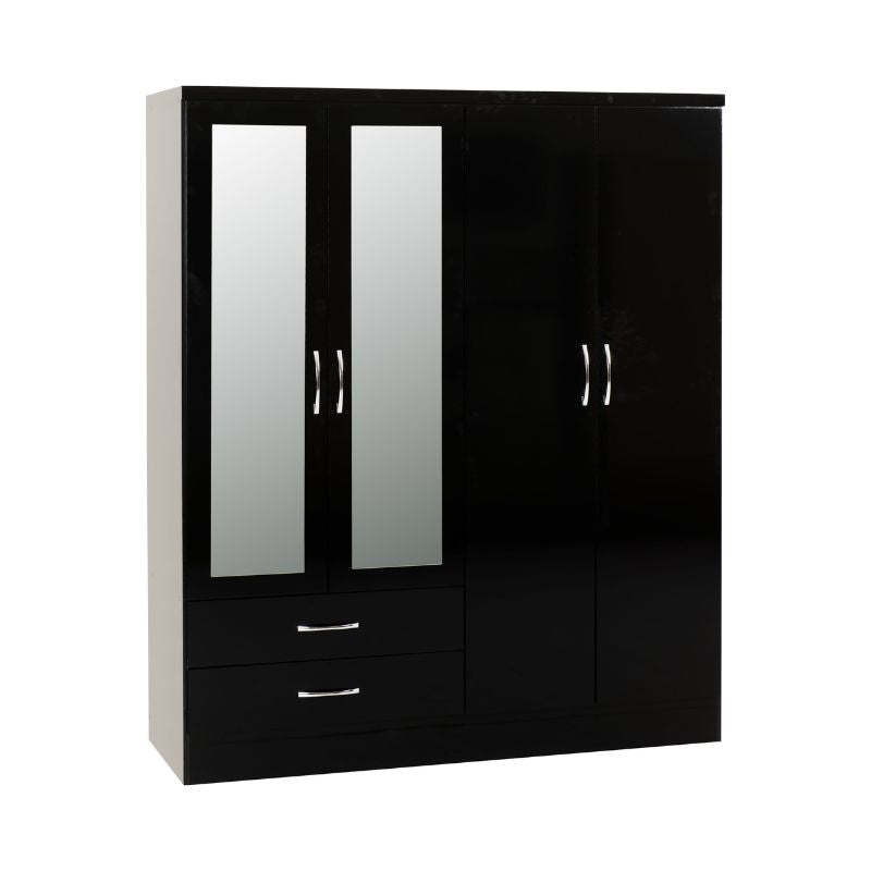 Seconique Nevada 4 Door 2 Drawer Mirrored Wardrobe Black Gloss