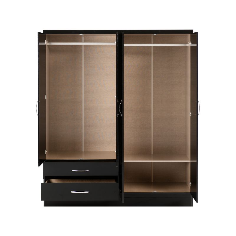 Seconique Nevada 4 Door 2 Drawer Mirrored Wardrobe Black Gloss