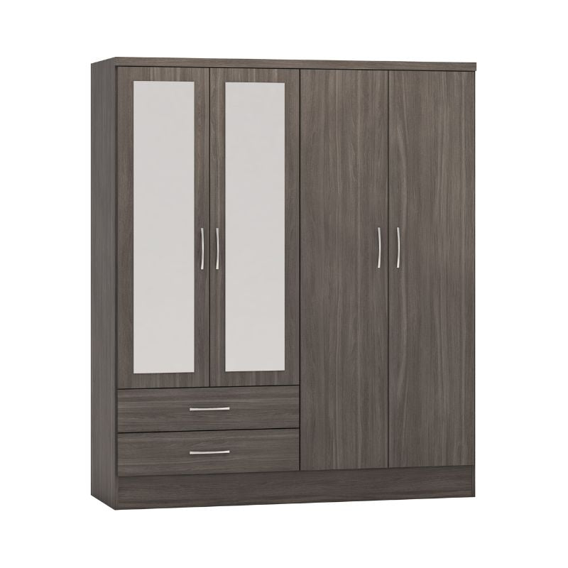 A sleek modern wardrobe featuring two doors and multiple drawers for organized storage.